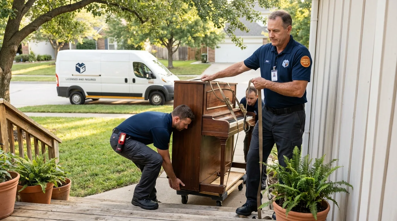 Licensed piano movers securing grand piano in Cleveland, TN