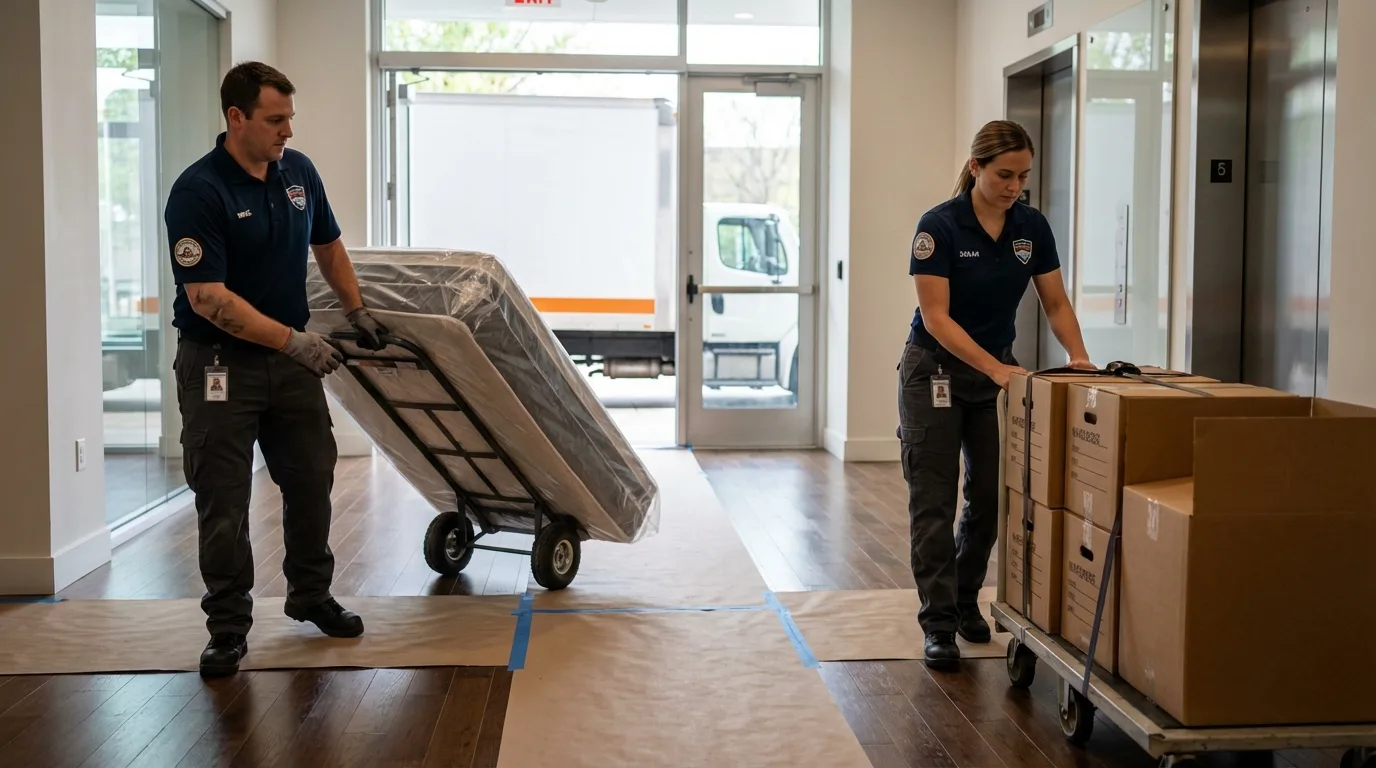 Professional apartment movers loading elevator in Cleveland, TN